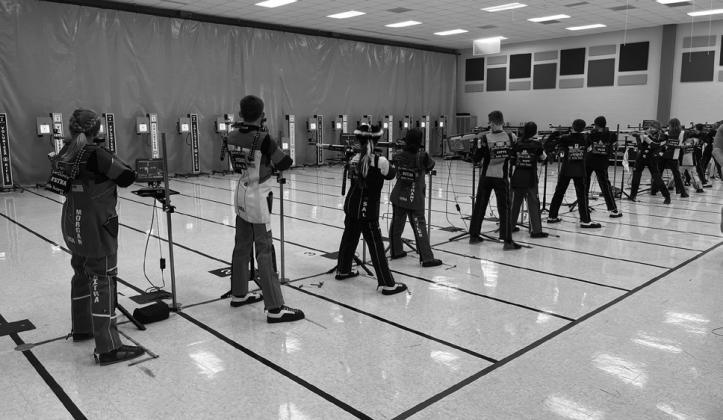 A total of 13 members of the Burnet County 4-H Rifle team, who competed in the USA Shooting Junior Olympic Qualifiers in Fort Worth recently, are pictured here at Lee High School at the CMP state championship in San Antonio. Contributed photos/Guy Taylor